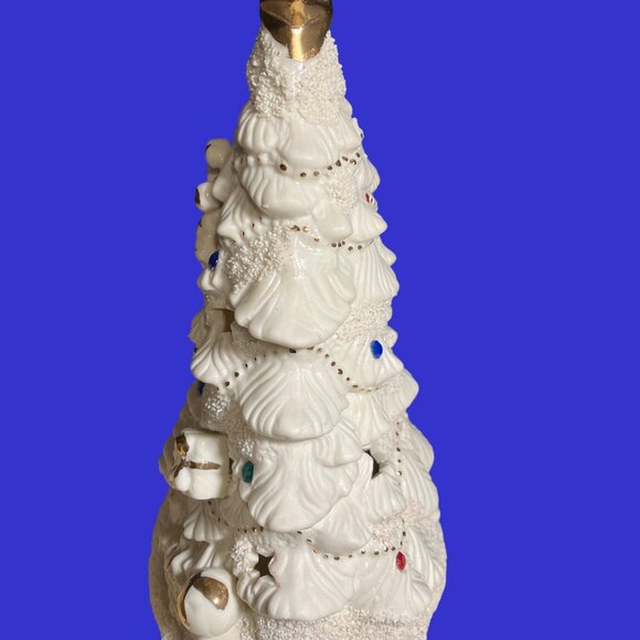 Ceramic Christmas Tree Lighted With Decorations And Gold Colored Accents - Picture 6 of 10